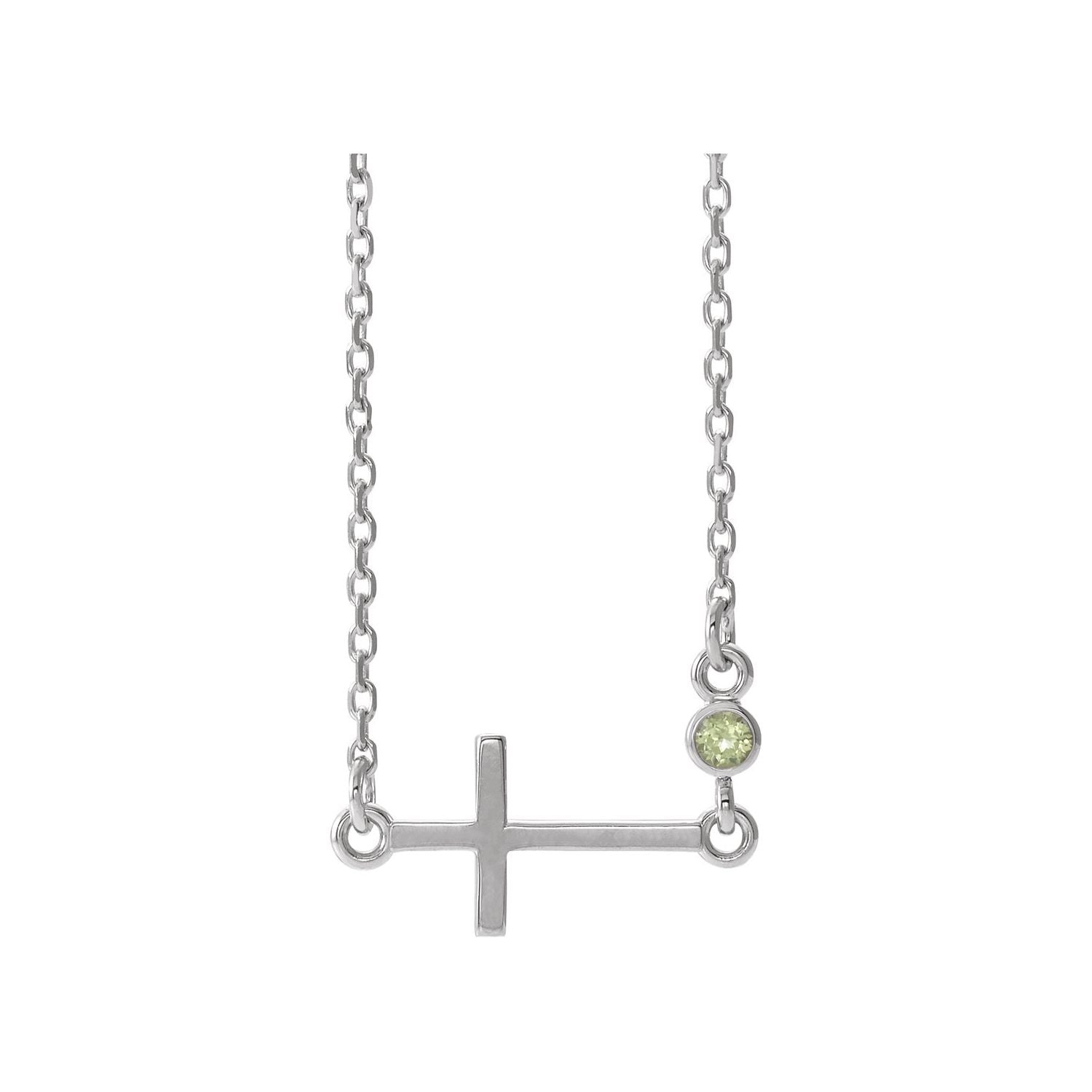14K White Gold sideways peridot cross pendant, solid gold