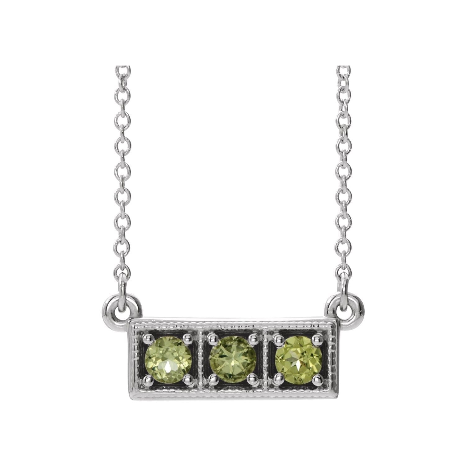 14K White Gold three stone peridot bar pendant, solid gold