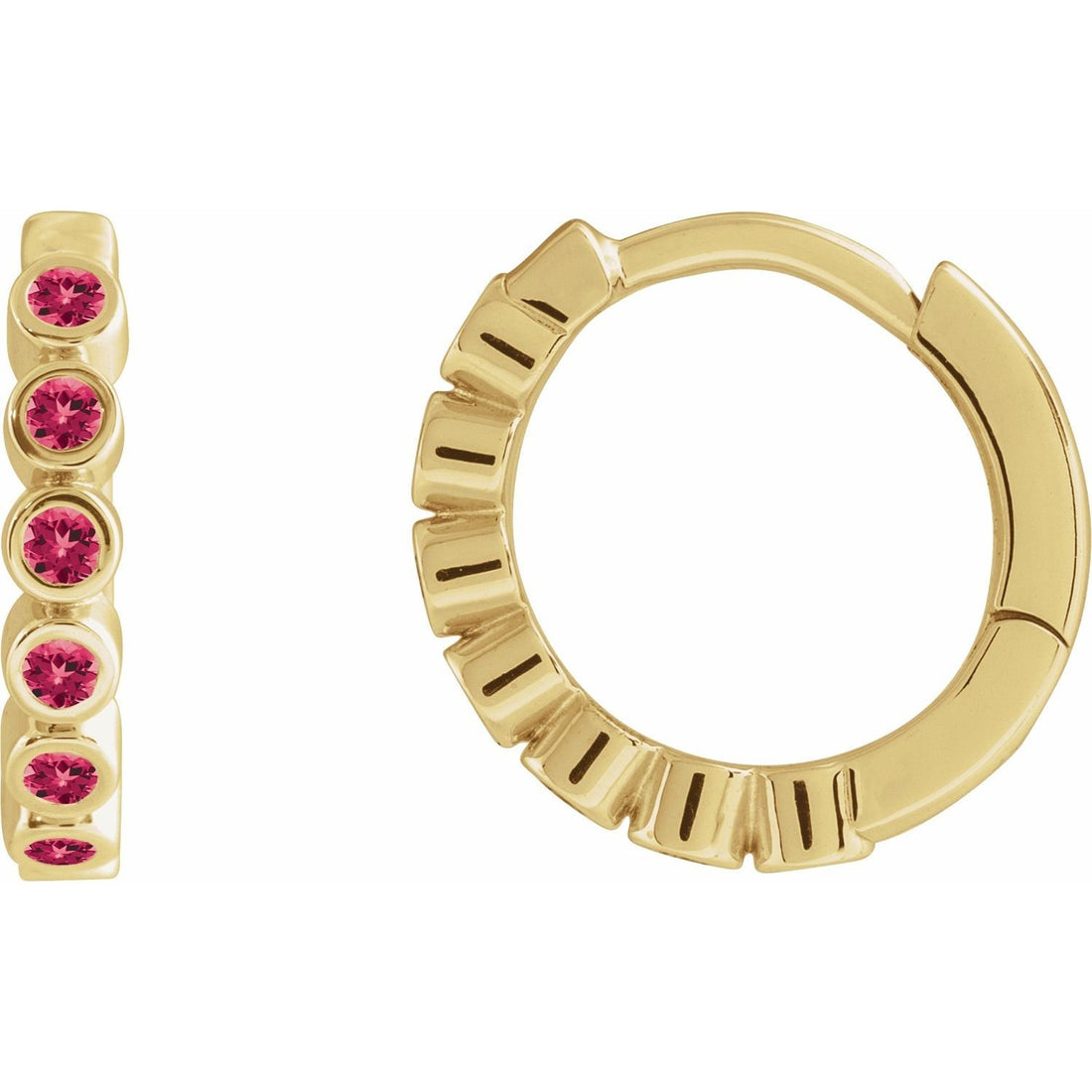 petite lab-grown ruby hoop earrings in 14k Yellow Gold