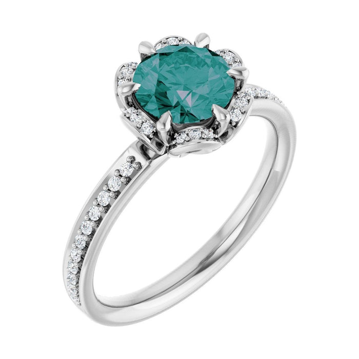 Round 1 ct Petite Pavé Halo Lab Grown Alexandrite Engagement Ring in 14K White Gold
