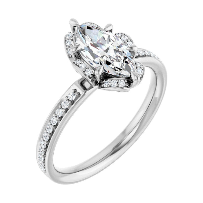 Marquise 1 ct Petite Pavé Halo Moissanite Engagement Ring in 14K White Gold