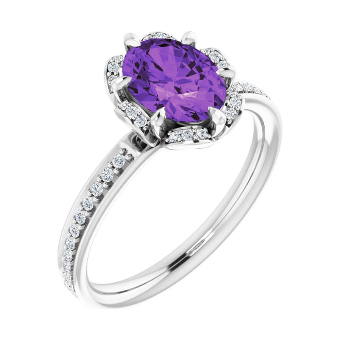 Oval 1 ct Petite Pavé Halo Natural Amethyst Engagement Ring in 14K White Gold