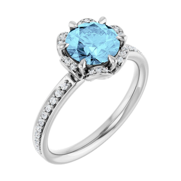 Round 1 ct Petite Pavé Halo Natural Aquamarine Engagement Ring in 14K White Gold