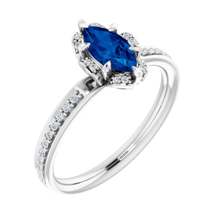 Marquise 1 ct Petite Pavé Halo Natural Blue Sapphire Engagement Ring in 14K White Gold
