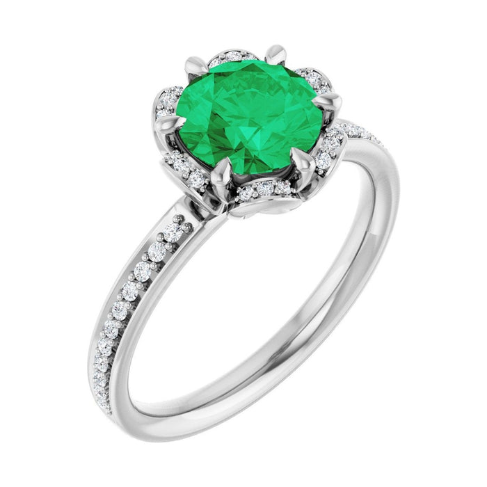 Round 1 ct Petite Pavé Halo Natural Emerald Engagement Ring in 14K White Gold