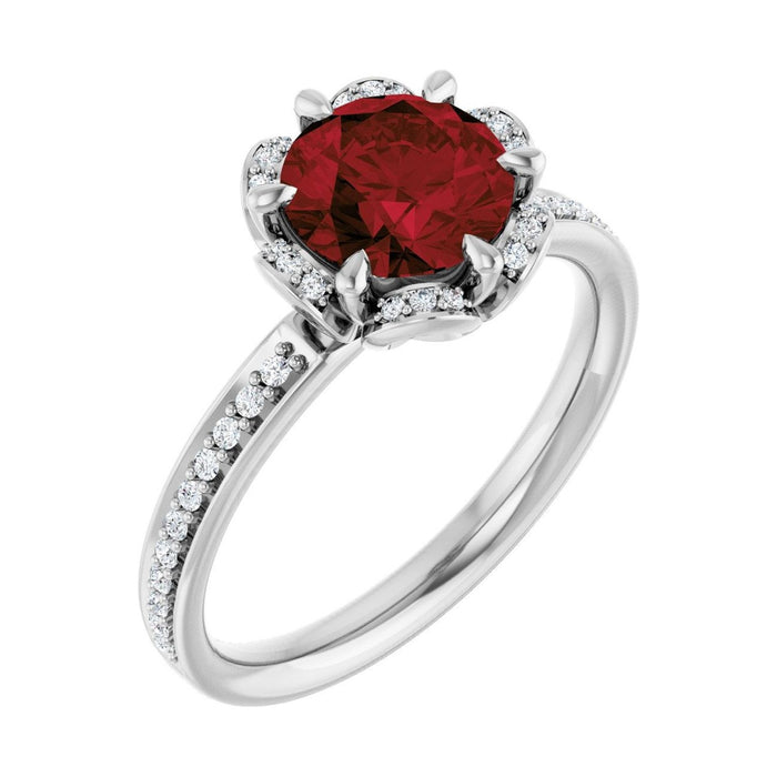 Round 1.5 ct Petite Pavé Halo Natural Garnet Engagement Ring in 14K White Gold