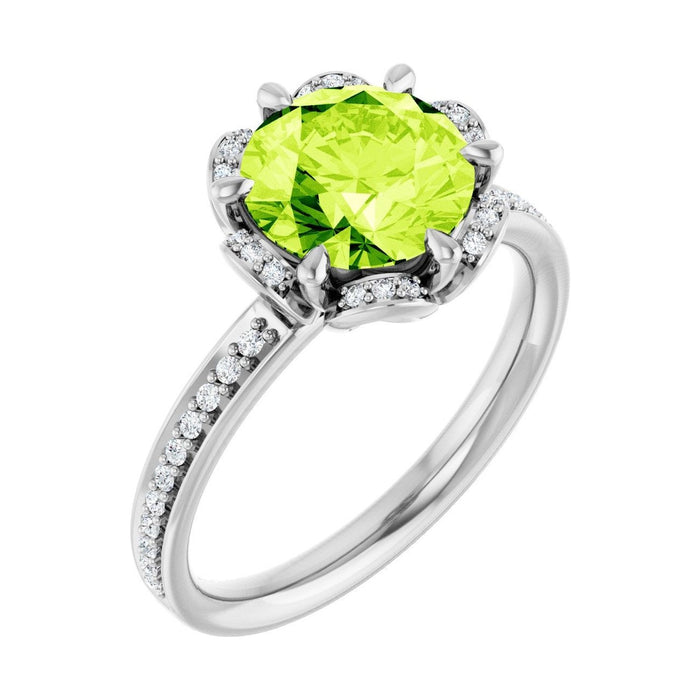 Round 2 ct Petite Pavé Halo Natural Peridot Engagement Ring in 14K White Gold