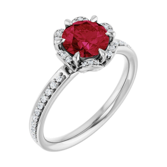 Round 1 ct Petite Pavé Halo Natural Ruby Engagement Ring in 14K White Gold