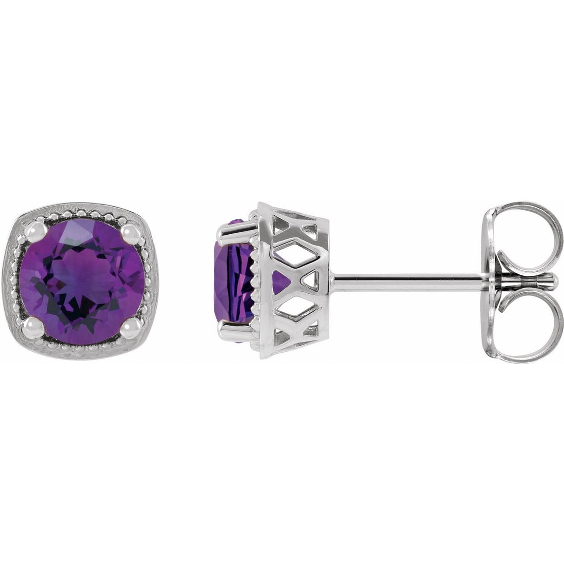 petite round amethyst earrings in 14k White Gold