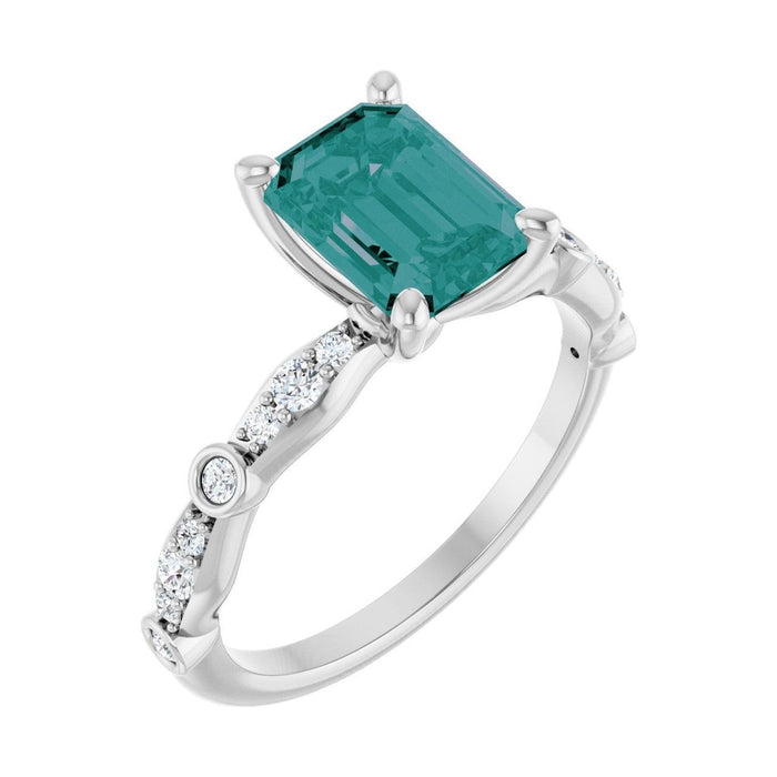 Emerald 1.5 ct Petite Vintage Milgrain Lab Grown Alexandrite Engagement Ring in 14K White Gold