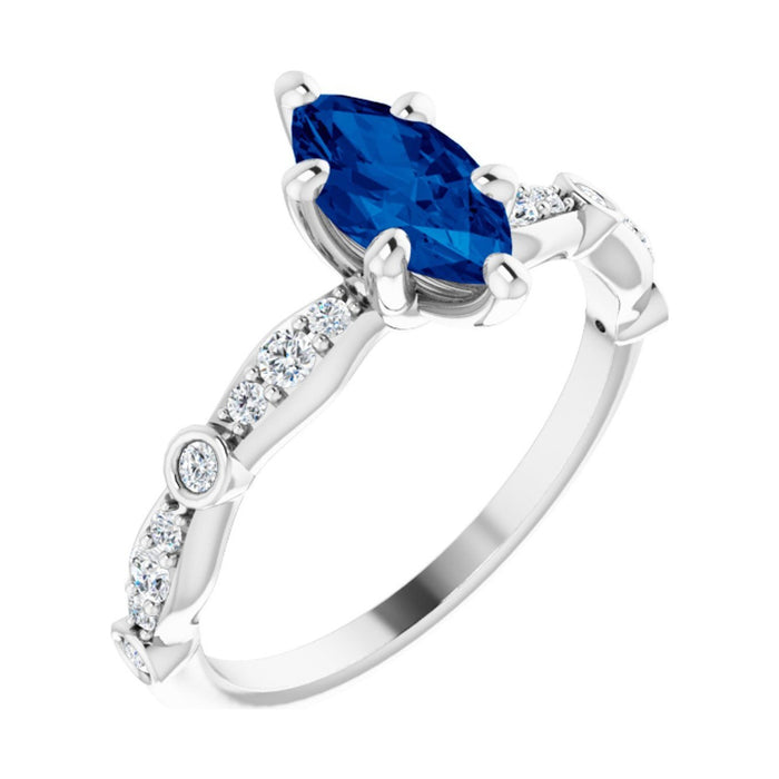 Marquise 1 ct Petite Vintage Milgrain Lab Grown Blue Sapphire Engagement Ring in 14K White Gold