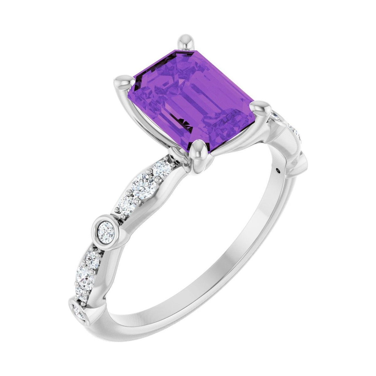 Emerald 1 ct Petite Vintage Milgrain Natural Amethyst Engagement Ring in 14K White Gold