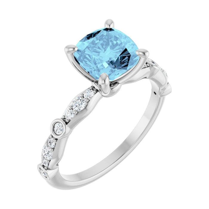 Cushion 1 ct Petite Vintage Milgrain Natural Aquamarine Engagement Ring in 14K White Gold
