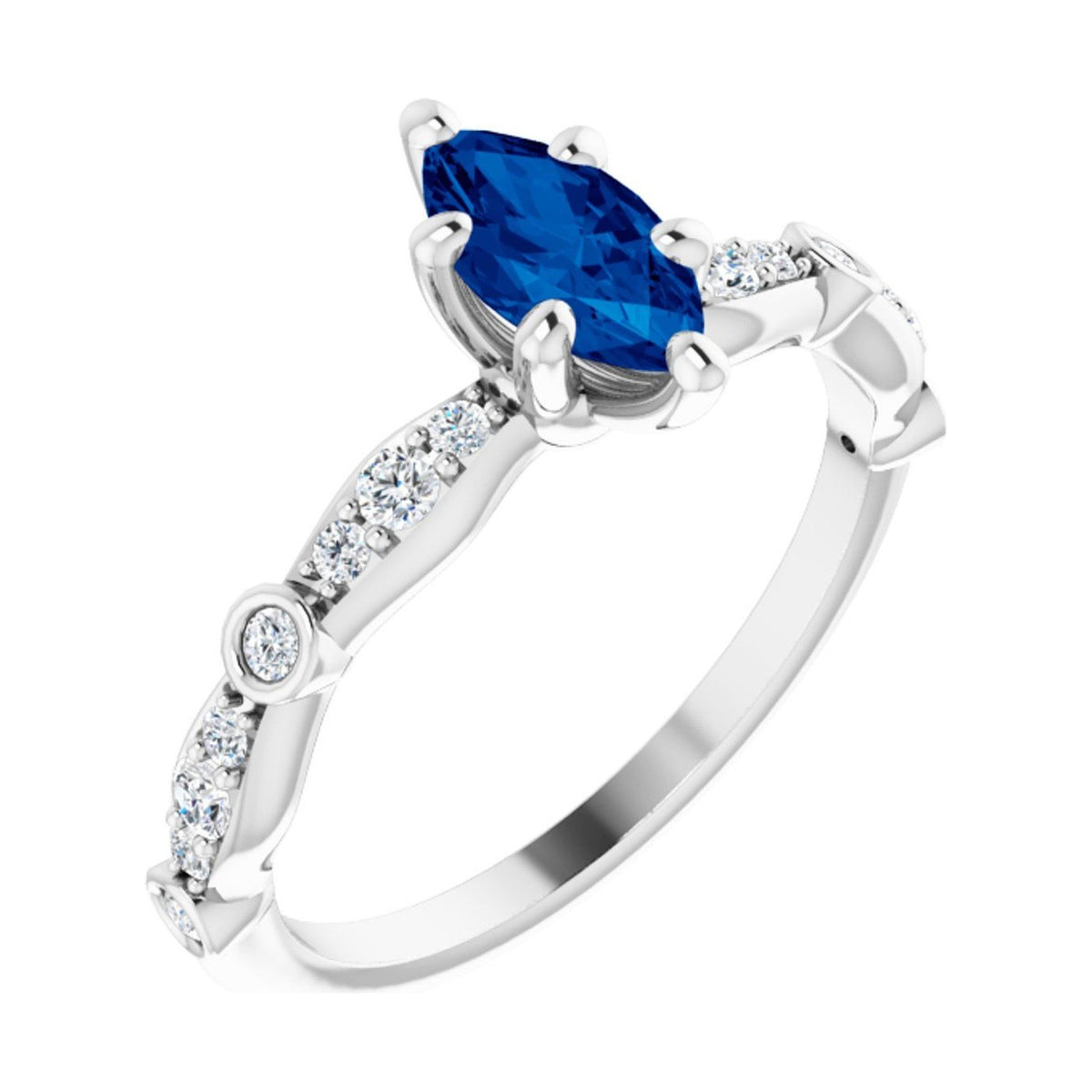 Marquise 1 ct Petite Vintage Milgrain Natural Blue Sapphire Engagement Ring in 14K White Gold