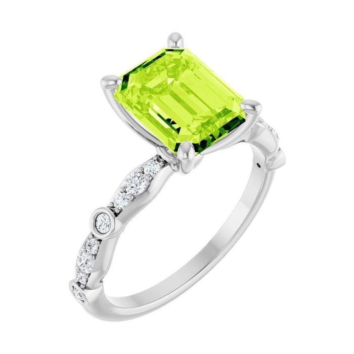 Emerald 2 ct Petite Vintage Milgrain Natural Peridot Engagement Ring in 14K White Gold