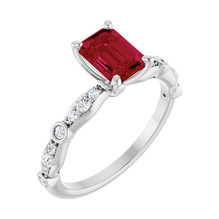 Emerald 1 ct Petite Vintage Milgrain Natural Ruby Engagement Ring in 14K White Gold