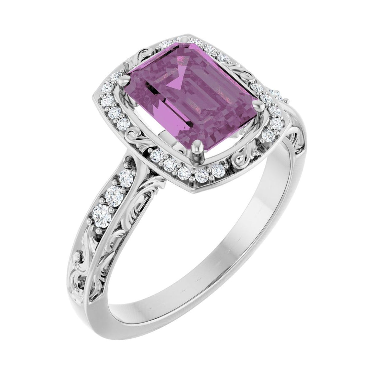 Emerald 1 ct pink sapphire 14K White Gold vintage scroll halo engagement ring