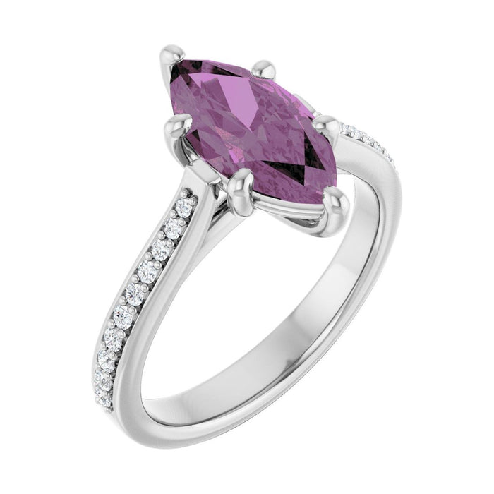 Marquise 1 ct pink sapphire 14K White Gold french pavé solitaire engagement ring