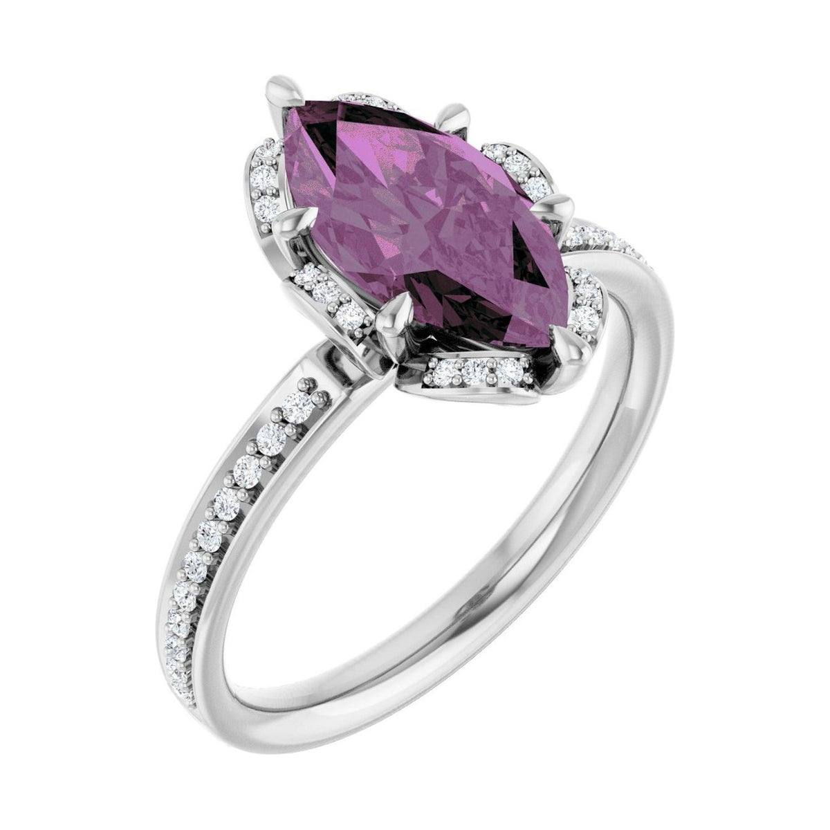 Marquise 1 ct pink sapphire 14K White Gold petite pavé halo engagement ring