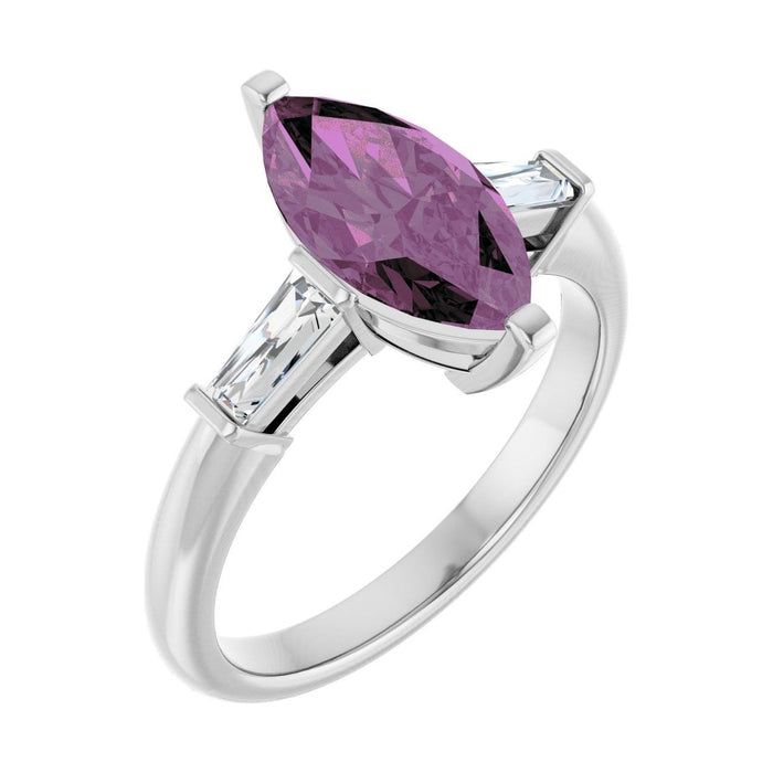 Marquise 1 ct pink sapphire 14K White Gold tapered baguette three-stone engagement ring