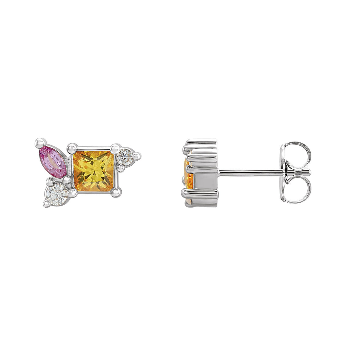 Yellow & Pink Sapphire Stud Earrings in 14K White Gold