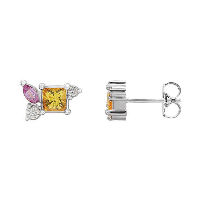Yellow & Pink Sapphire Stud Earrings in 14K White Gold