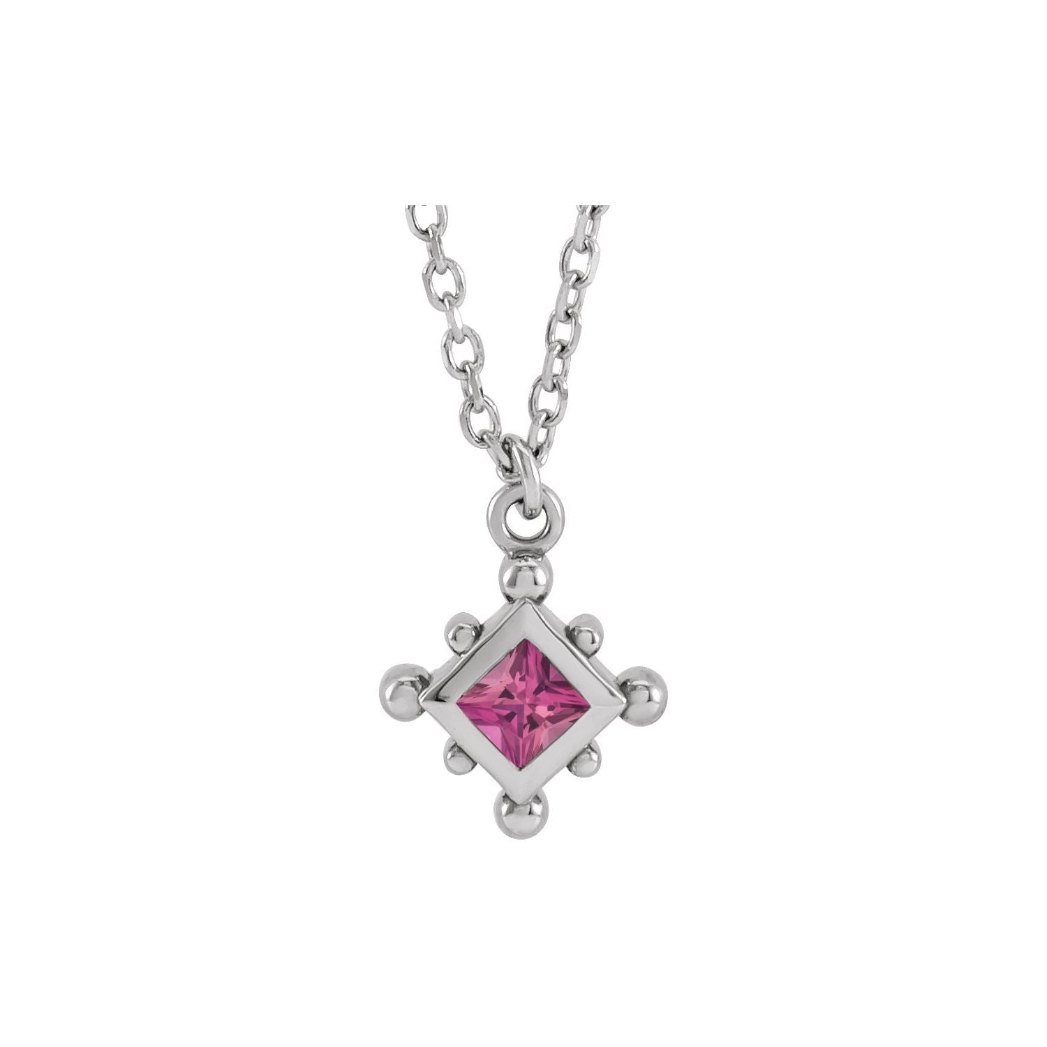 Pink Tourmaline Beaded Bezel Necklace in 14K White Gold on a 16 to 18 inch adjustable gold cable chain