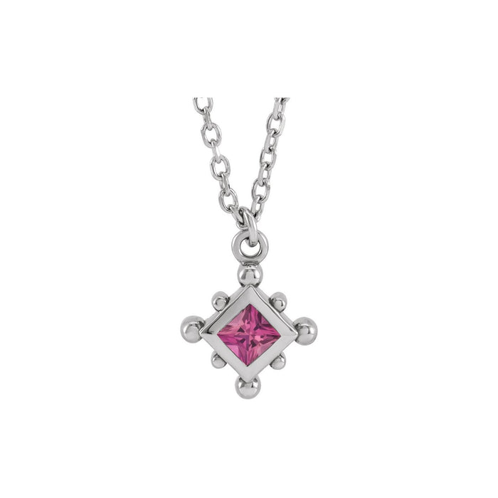Pink Tourmaline Beaded Bezel Necklace in 14K White Gold on a 16 to 18 inch adjustable gold cable chain