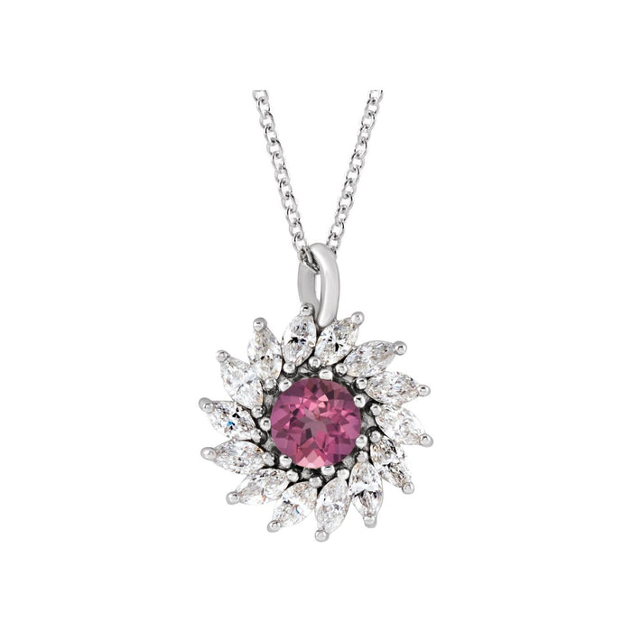 Pink Tourmaline and Diamond Starburst Halo Necklace in 14K White Gold on a 16 to 18 inch adjustable gold cable chain