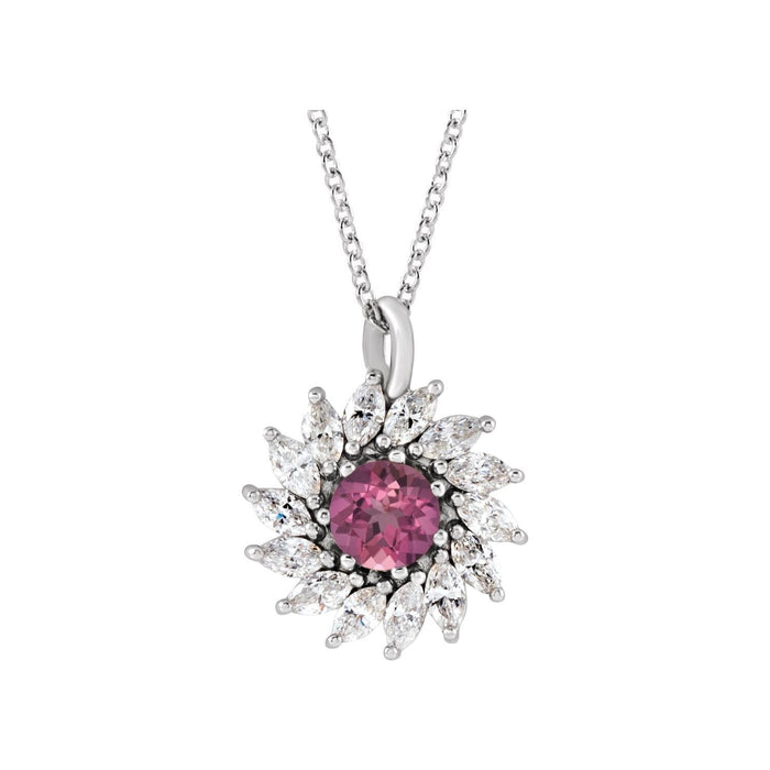 Pink Tourmaline & Diamond Starburst Halo Pendant in 14K White Gold