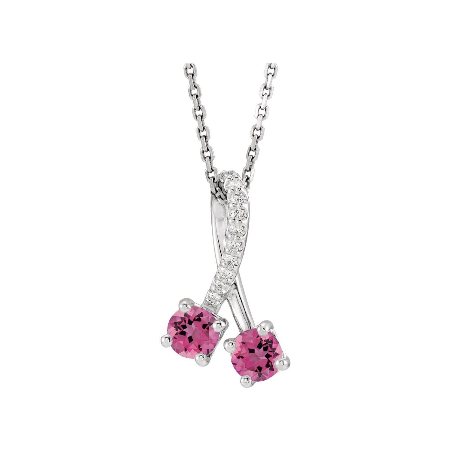 Pink Tourmaline and Diamond Two-Stone Necklace in 14K White Gold on a 16 to 18 inch adjustable gold cable chain