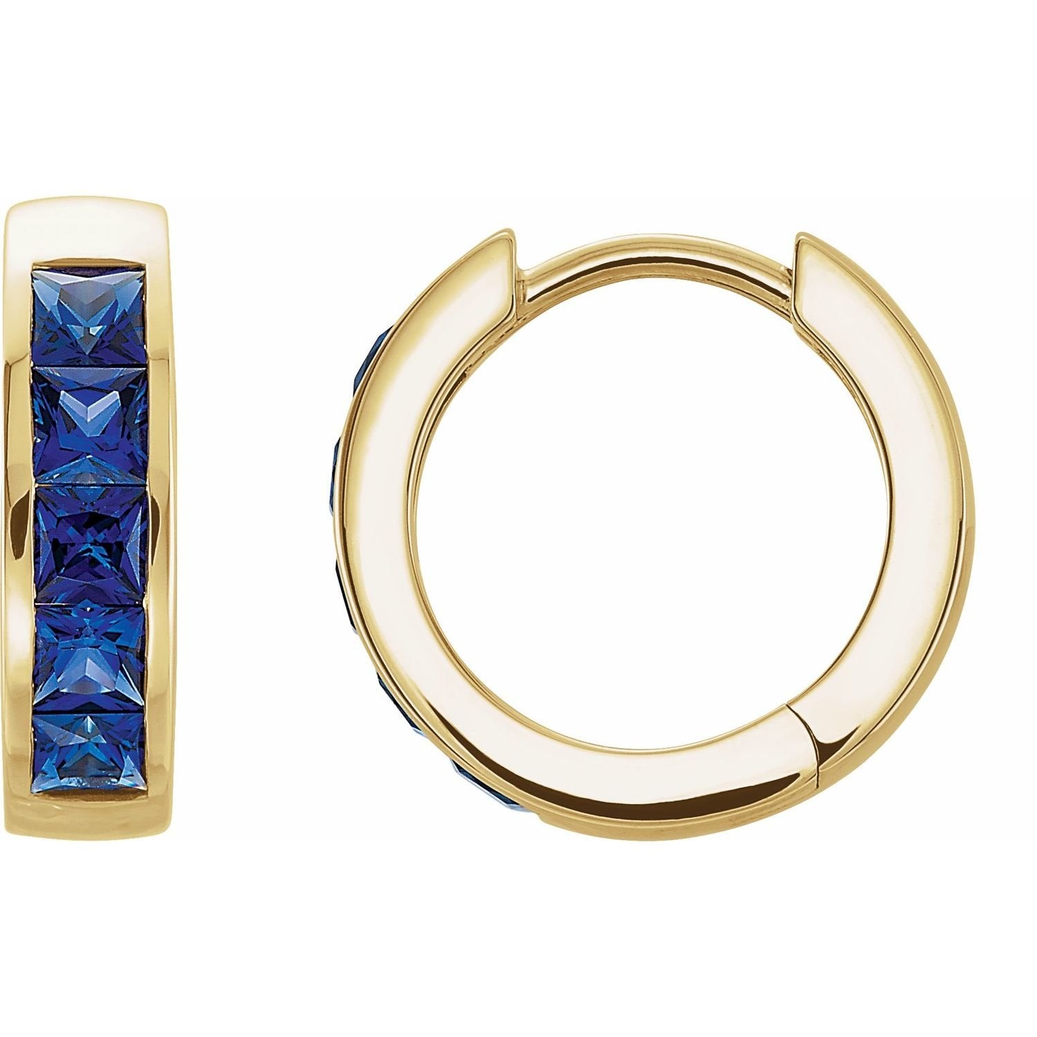 princess-cut lab-grown blue sapphire hoop earrings in 14k Yellow Gold