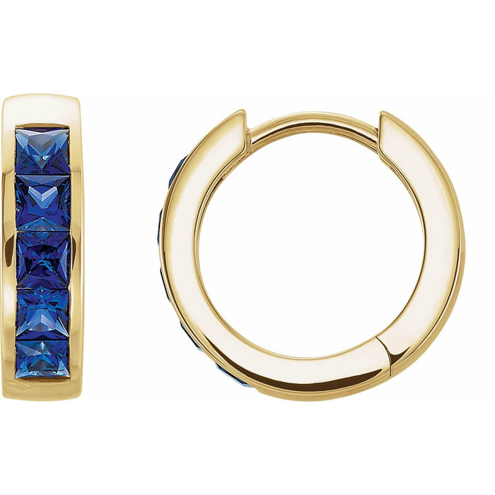 princess-cut lab-grown blue sapphire hoop earrings in 14k Yellow Gold
