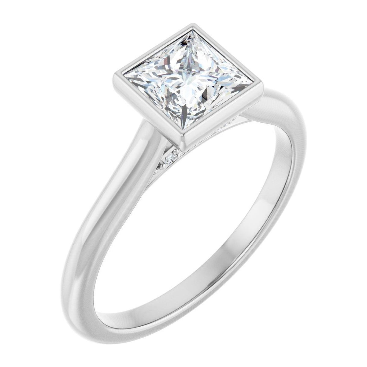 Princess-Cut Lab-Grown Diamond Bezel-Set Solitaire engagement ring in 14K White Gold, shown with a 1.00 ct center