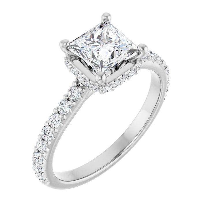 Princess-Cut Lab-Grown Diamond Hidden-Halo Pavé Cathedral engagement ring in 14K White Gold, shown with a 1.00 ct center
