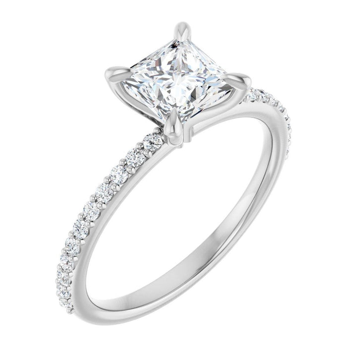 Princess-Cut Lab-Grown Diamond Petite Pavé Solitaire engagement ring in 14K White Gold, shown with a 1.00 ct center