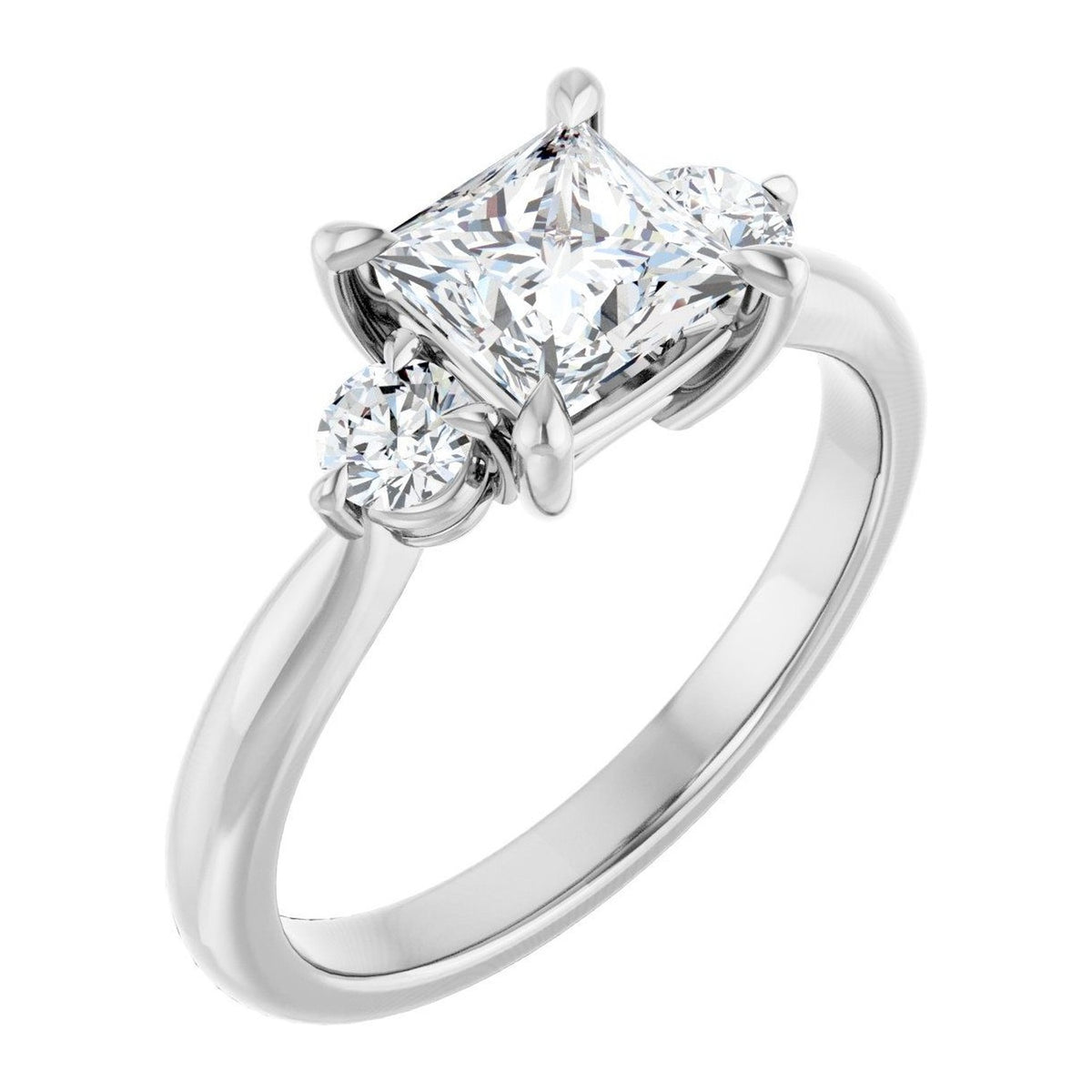 Princess-Cut Lab-Grown Diamond Round-Side Three-Stone engagement ring in 14K White Gold, shown with a 1.00 ct center