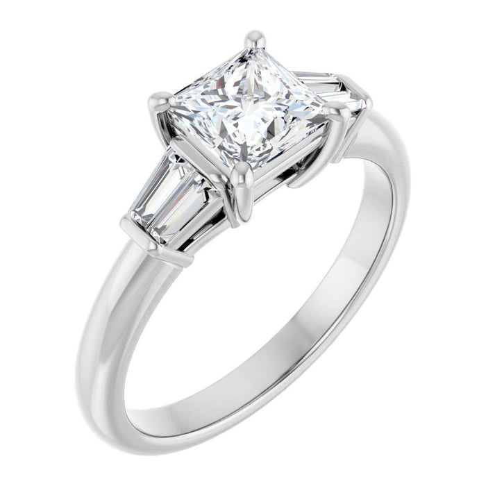 Princess-Cut Lab-Grown Diamond Tapered-Baguette Three-Stone engagement ring in 14K White Gold, shown with a 1.00 ct center