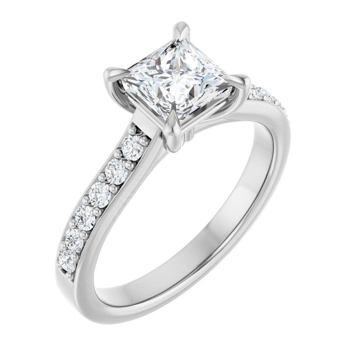 Princess-Cut Lab-Grown Diamond Tapered Pavé Solitaire engagement ring in 14K White Gold, shown with a 1.00 ct center