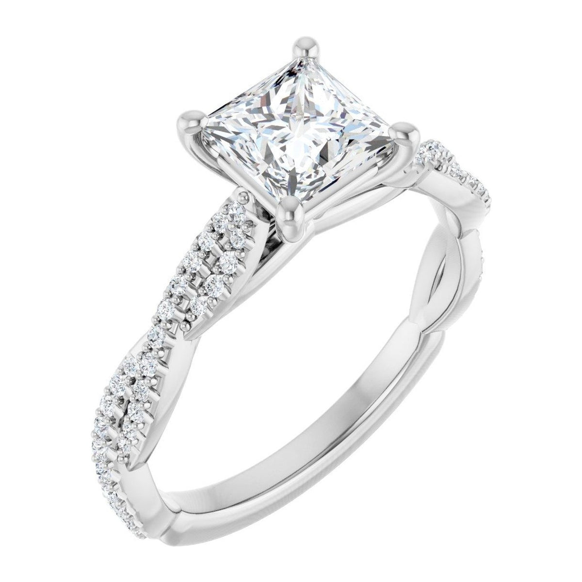 Princess-Cut Lab-Grown Diamond Twisted Vine Pavé Solitaire engagement ring in 14K White Gold, shown with a 1.00 ct center