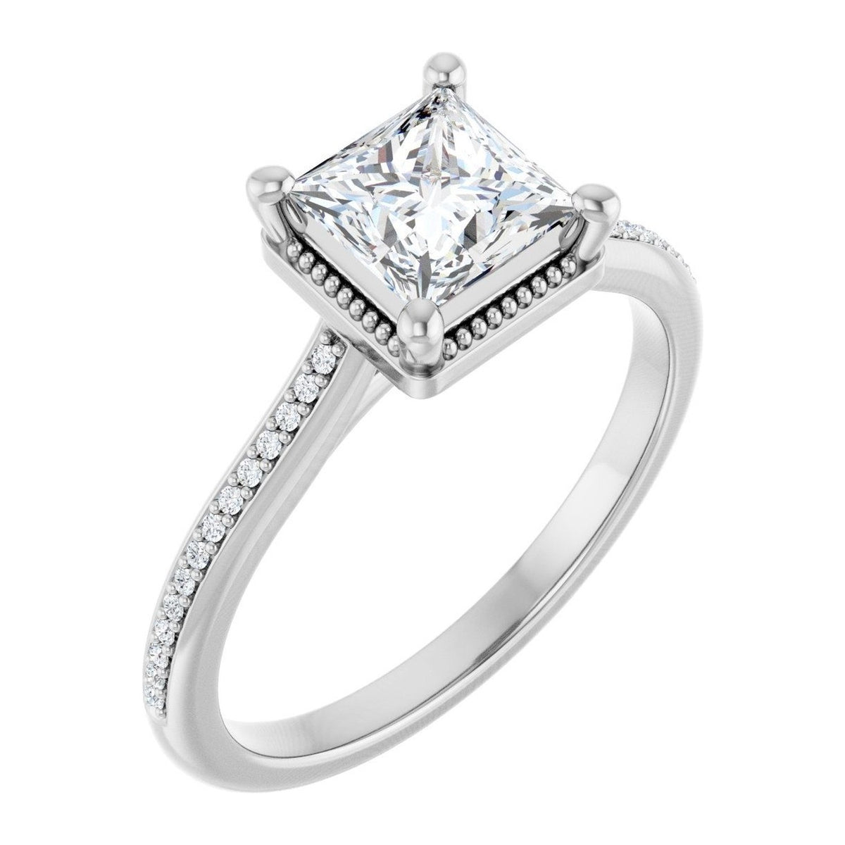 Princess-Cut Lab-Grown Diamond Vintage Milgrain Solitaire engagement ring in 14K White Gold, shown with a 1.00 ct center