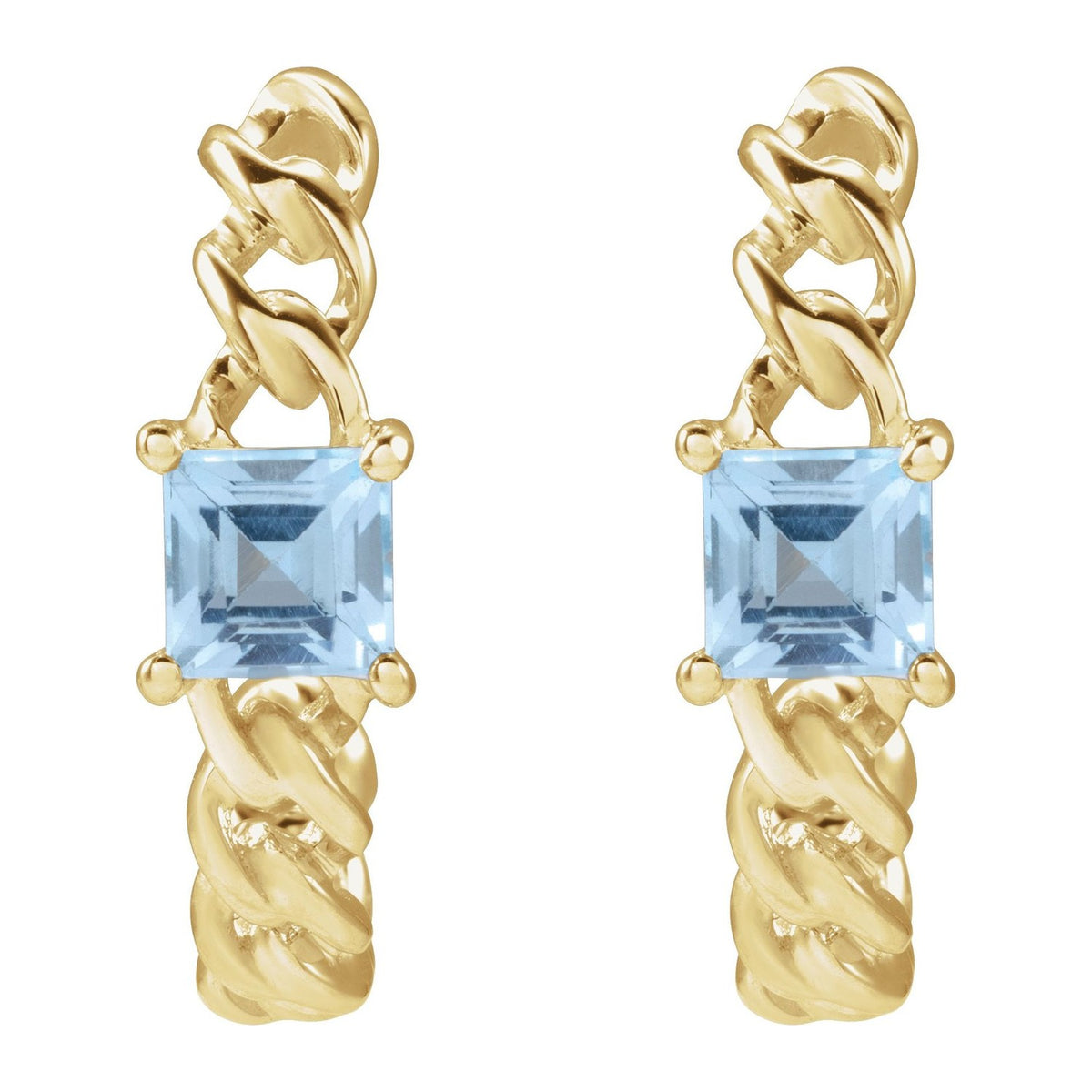 Princess-Cut Sky Blue Topaz Hoop Earrings (4x4mm) in 14K Yellow Gold, front view
