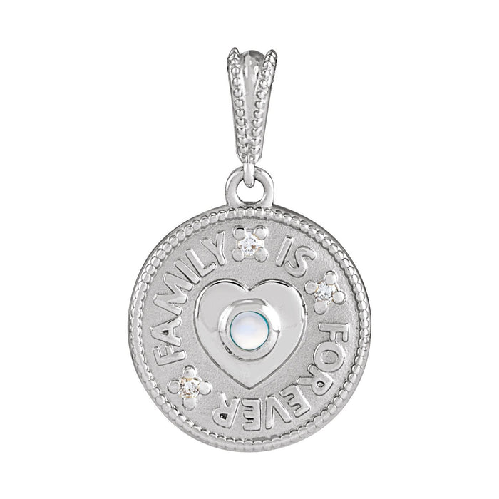 Rainbow Moonstone Pendant, Family Is Forever Medallion in 14K White Gold