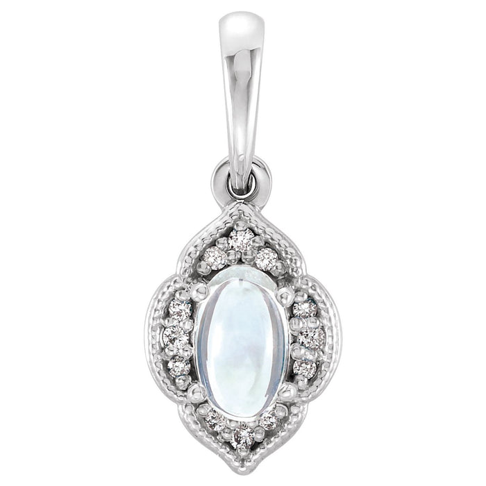 Vintage Diamond Halo Rainbow Moonstone Pendant in 14K White Gold