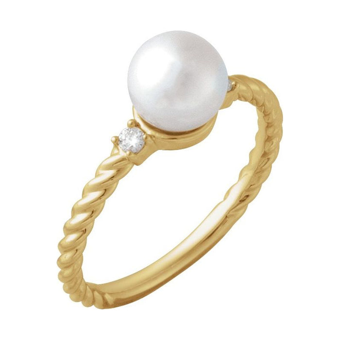 14K Yellow Gold Rope Band Akoya Pearl Ring with an akoya cultured pearl, natural diamond accents