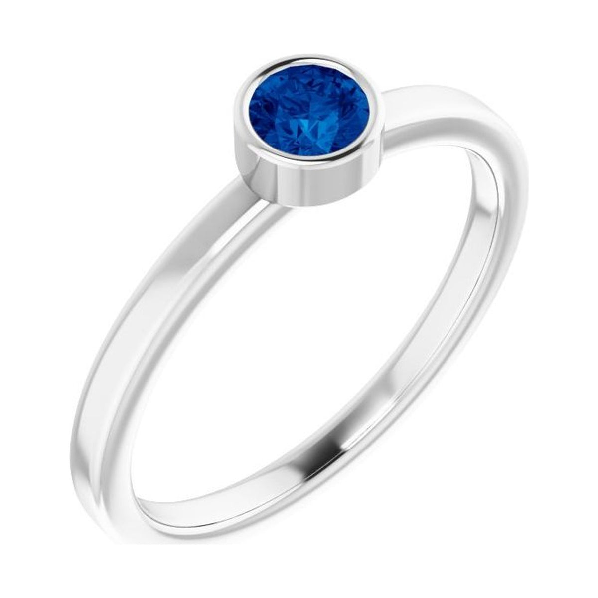 round bezel-set solitaire birthstone ring blue sapphire white gold