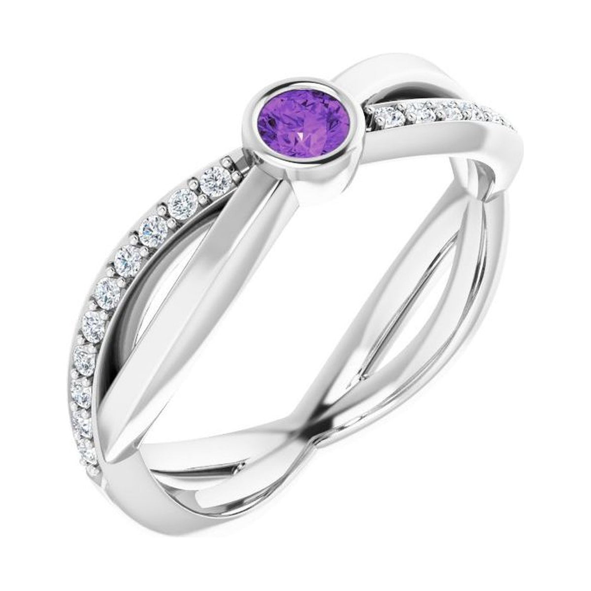 round criss-cross accented birthstone ring amethyst white gold