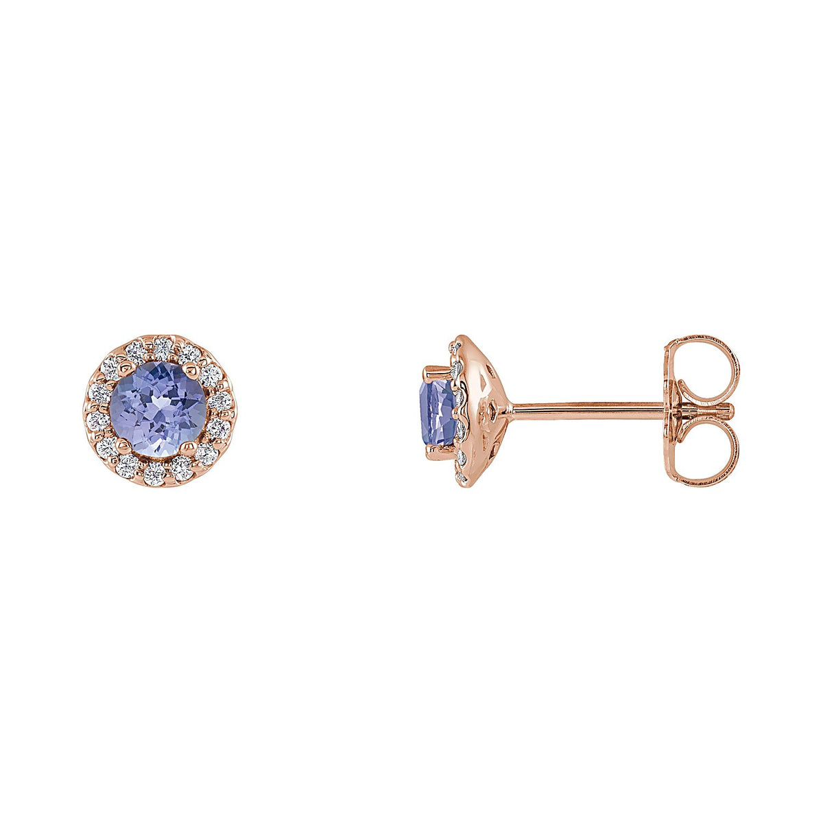 Round Halo Stud Tanzanite Earrings in 14K Rose Gold