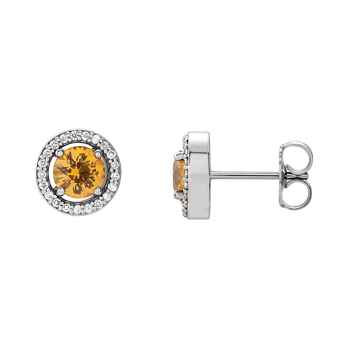 Round Halo Yellow Sapphire Stud Earrings in 14K White Gold