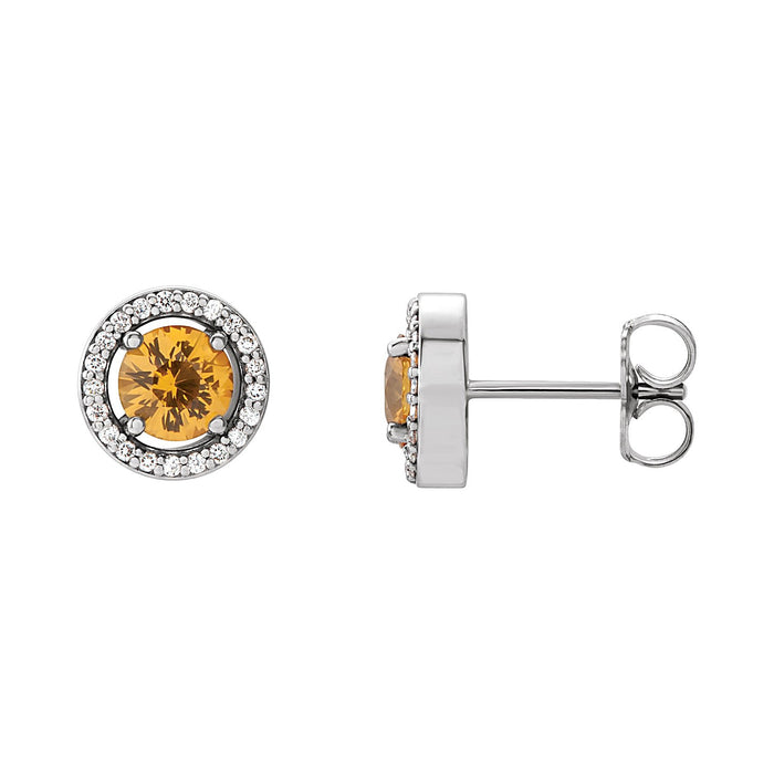 Round Halo Yellow Sapphire Stud Earrings in 14K White Gold